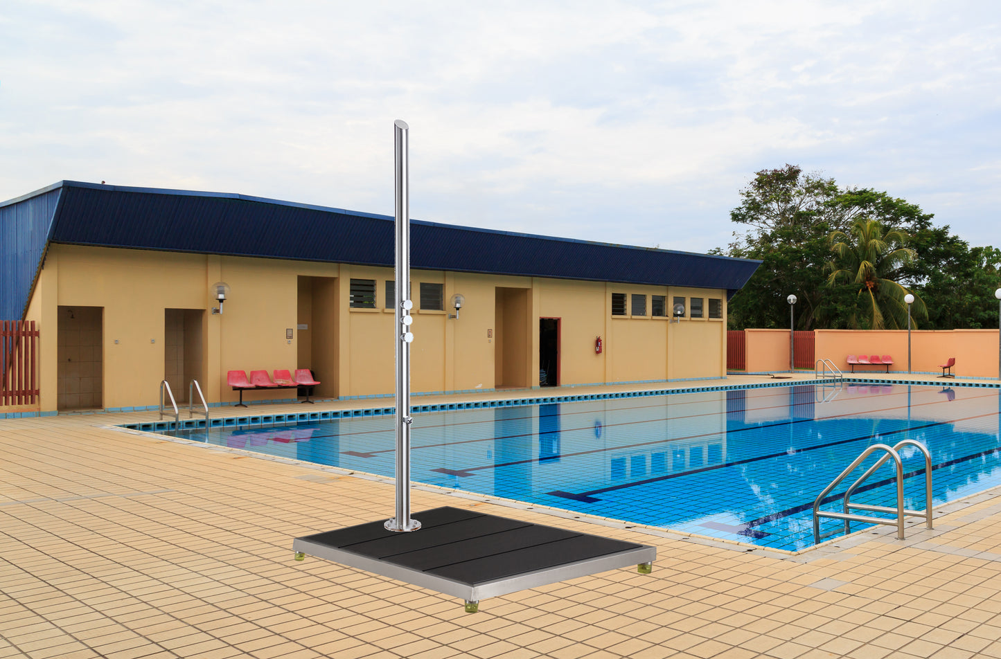 33 * 30" Plastic Wood with Stainless Steel Frame Dark Grey Base Make Outdoor Shower Movable&Install Outdoor Shower Without Call Plumber