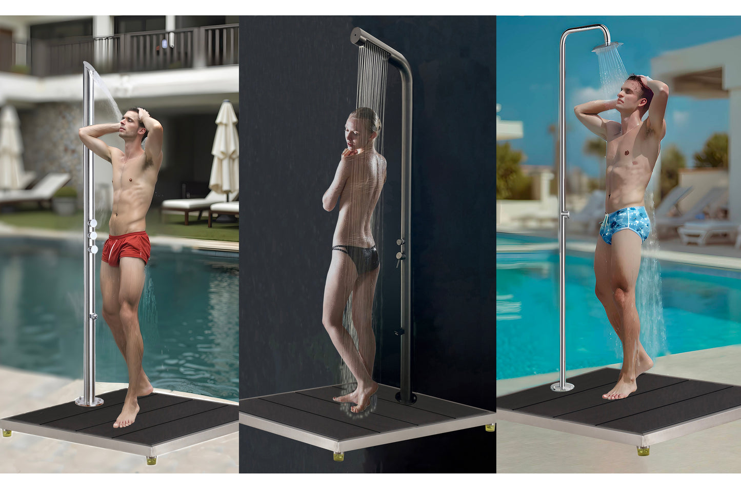 33 * 30" Plastic Wood with Stainless Steel Frame Dark Grey Base Make Outdoor Shower Movable&Install Outdoor Shower Without Call Plumber