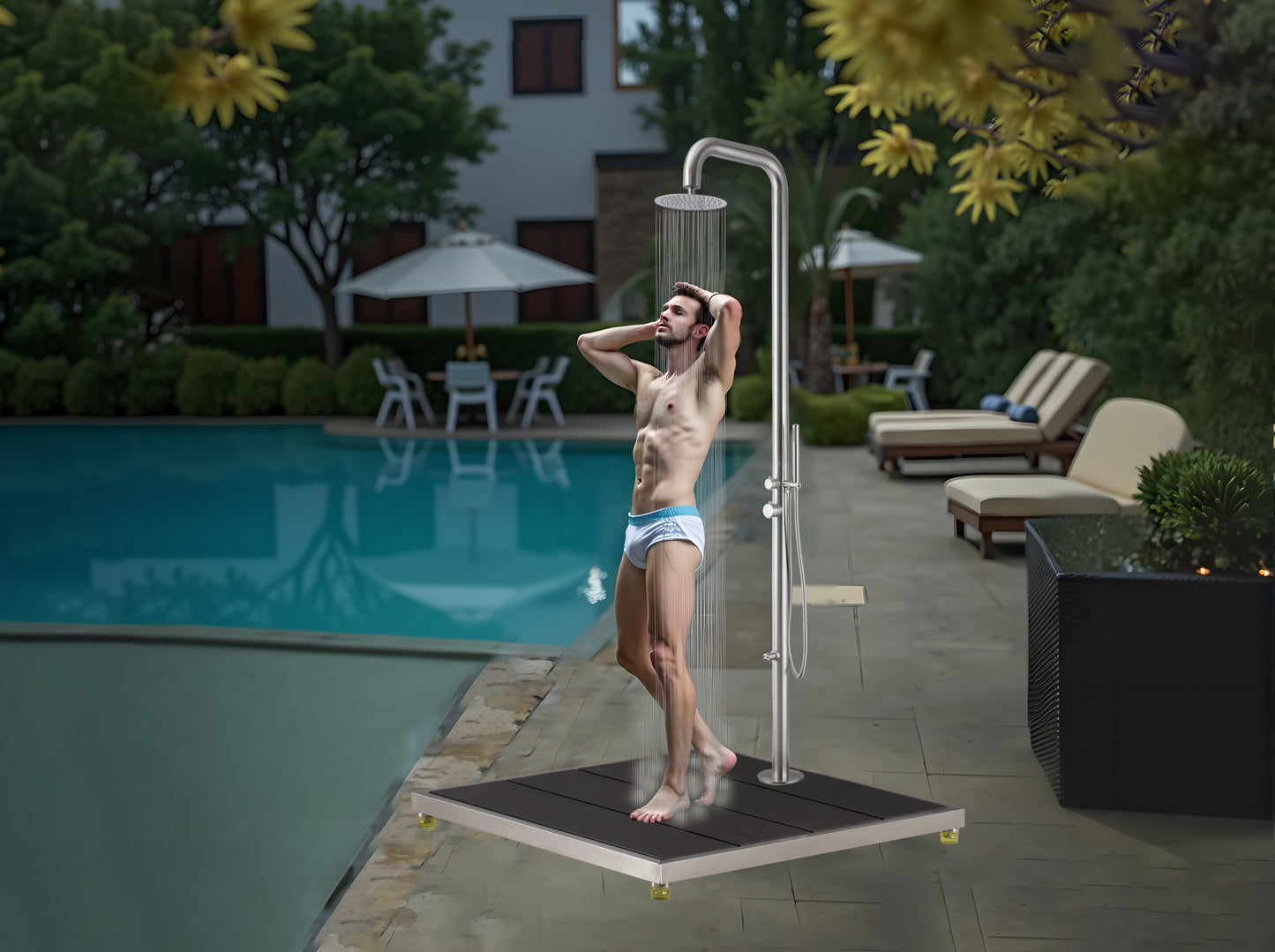 33 * 30" Plastic Wood with Stainless Steel Frame Dark Grey Base Make Outdoor Shower Movable&Install Outdoor Shower Without Call Plumber